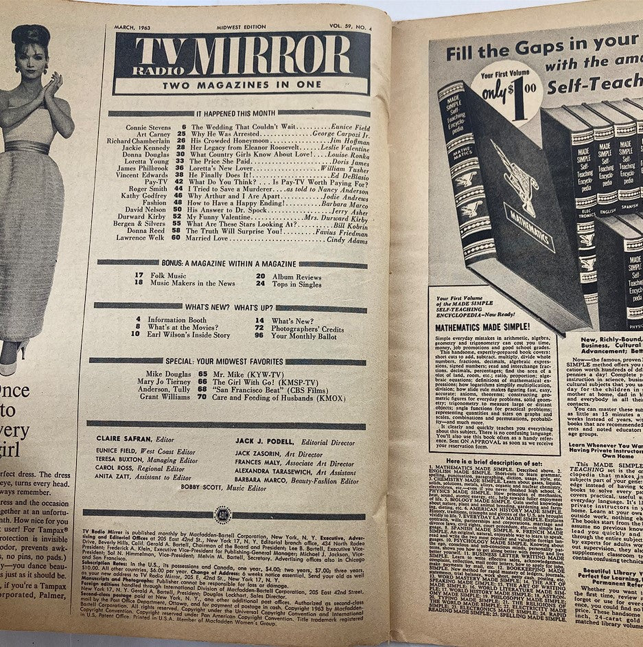 Interior page of the March 1963 TV Radio Mirror Magazine, Volume 59 #4, showcasing the table of contents and articles of its vintage publication, emphasizing classic media nostalgia.