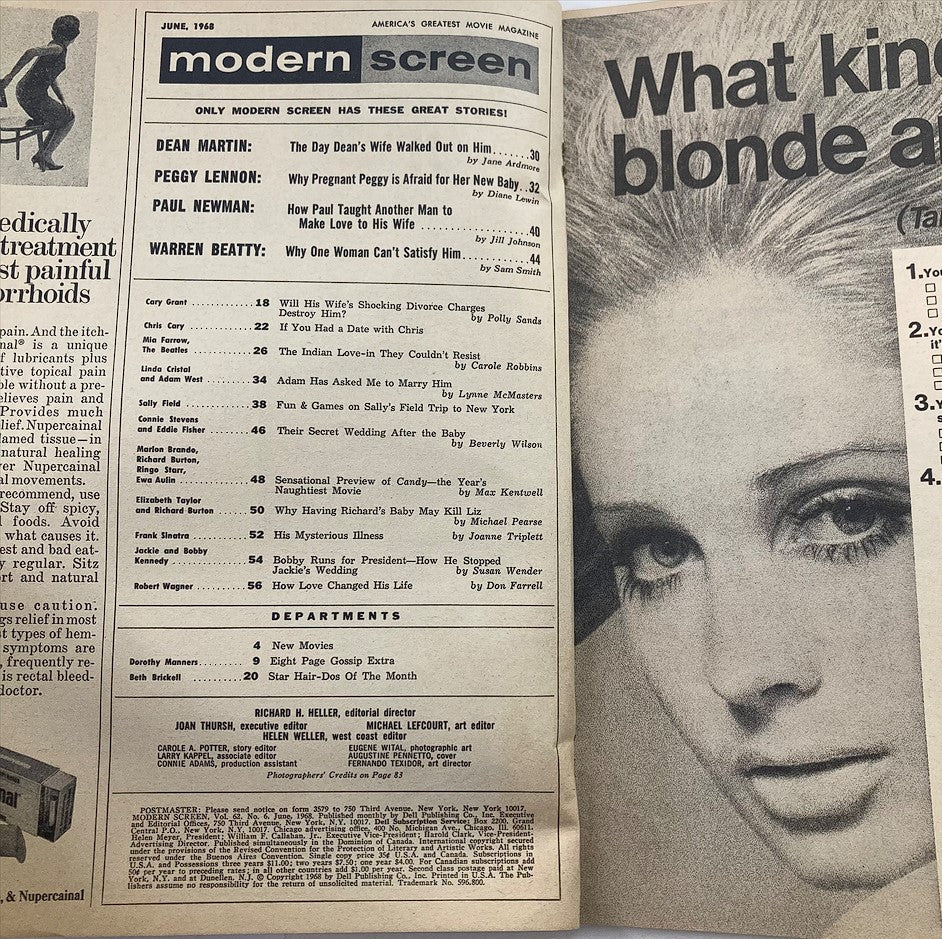Interior page of VTG Modern Screen Magazine June 1968 displaying articles and features, including a prominent look at iconic stars and headlines from the era.