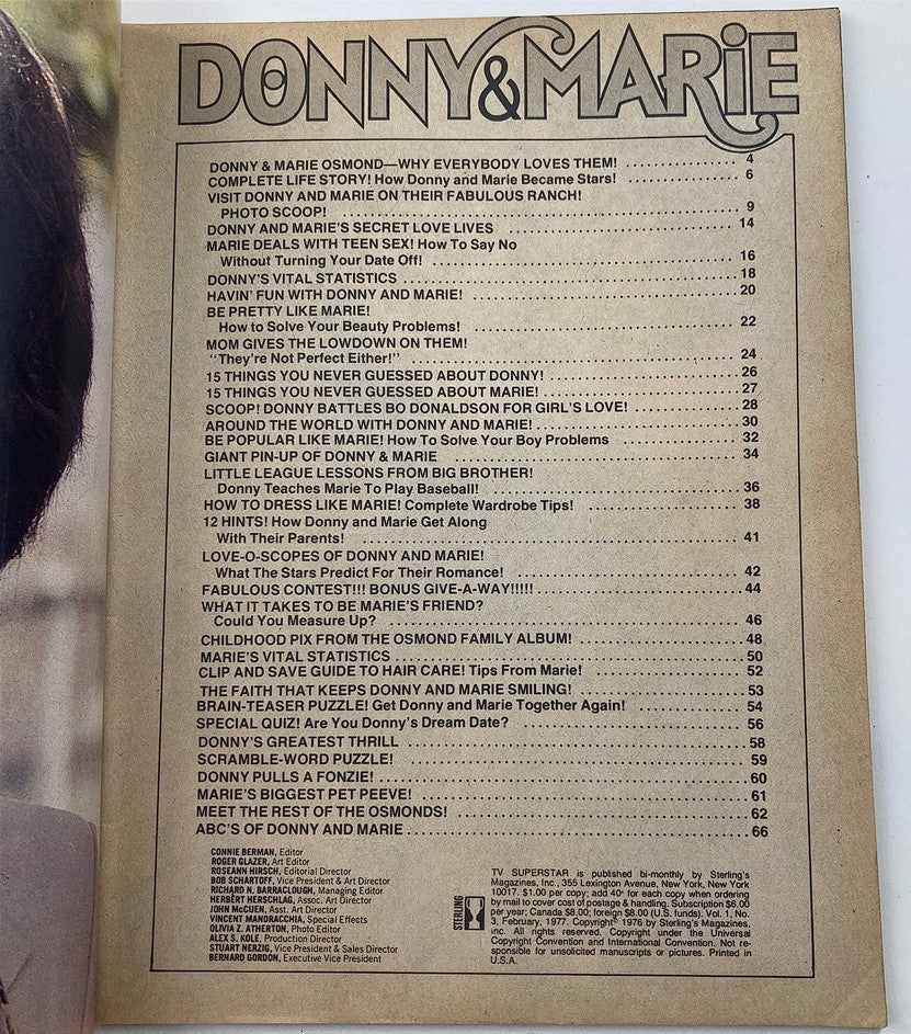 Table of contents for VTG TV Super Star Magazine 1977 No. 3 Donny & Marie, featuring article titles and topics related to the iconic siblings.