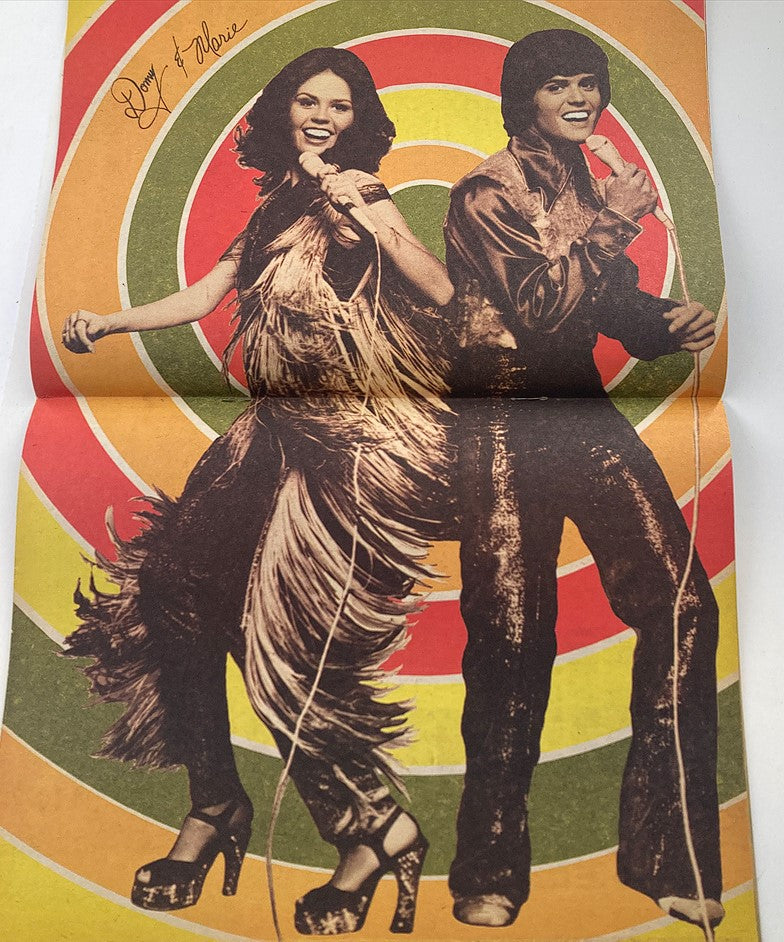 Colorful poster of Donny and Marie Osmond from VTG TV Super Star Magazine 1977 No. 3, showcasing the famous sibling duo performing on stage.