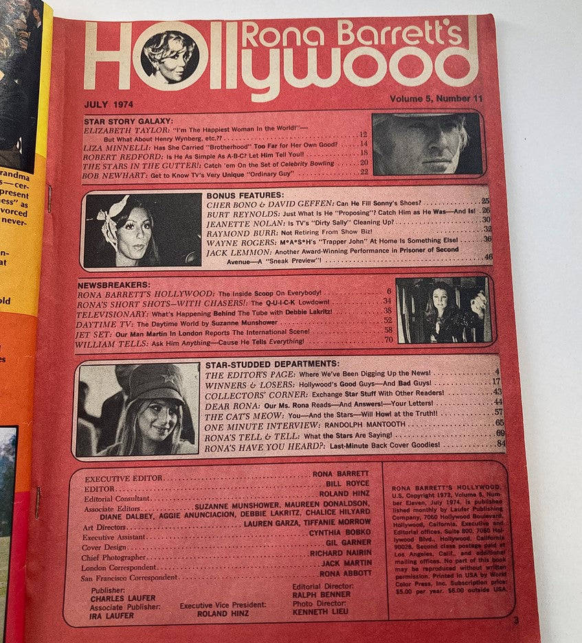 Page from VTG Rona Barrett's Hollywood Magazine July 1974, featuring articles and features with Robert Redford, Elizabeth Taylor, and other Hollywood stars.