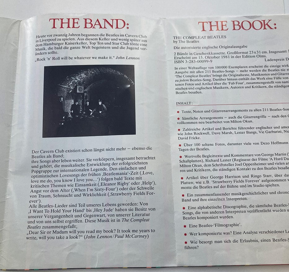 Interior page of 'The Compleat Beatles' book, featuring a historical photo of The Beatles and text about the band, including a quote from John Lennon.