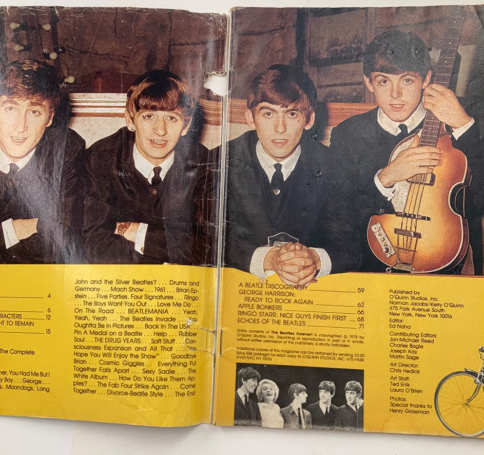 Inside spread of VTG The Beatles Forever Magazine 1980 featuring John, Paul, George, and Ringo with descriptive text about their history and discography.