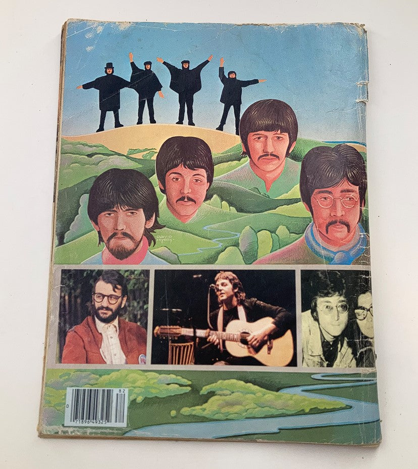 Back cover of VTG The Beatles Forever Magazine 1980 showcasing illustrated portraits of the band members, along with images of John Lennon and Ringo Starr.