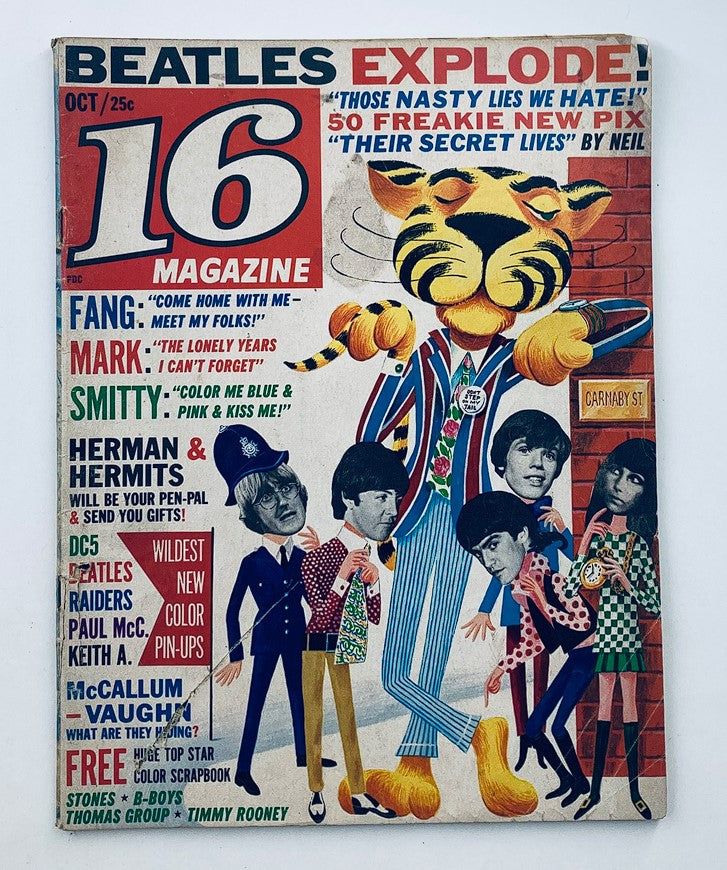 Vintage 16 Magazine from October 1966 featuring The Beatles on the cover, showcasing a colorful and playful design with illustrations of iconic characters and band members.