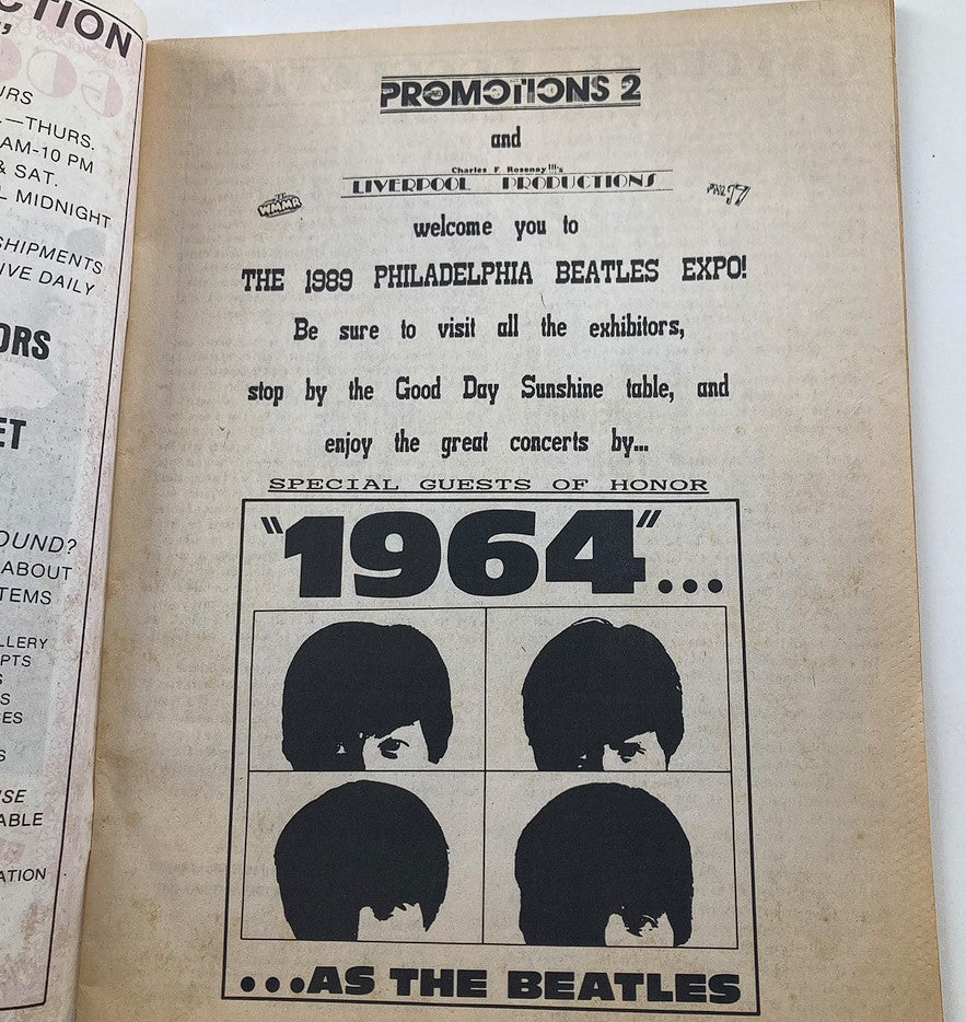 Inside page of Vintage The Beatles Magazine 1989 Issue #52 Good Day Sunshine showcasing the 1989 Philadelphia Beatles Expo details.