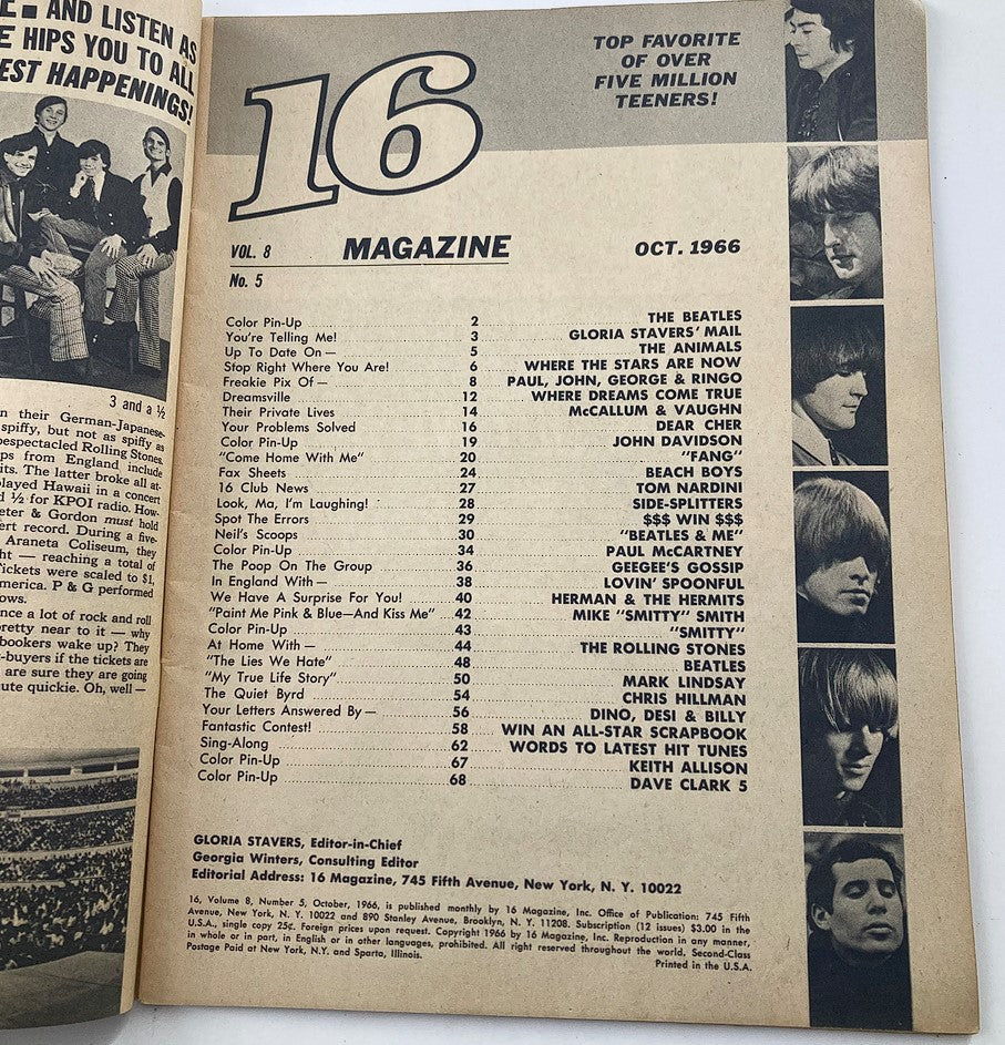 Content page of VTG 16 Magazine October 1966, Vol 8 #5 featuring The Beatles, John Davidson, and popular music listings from the 1960s.