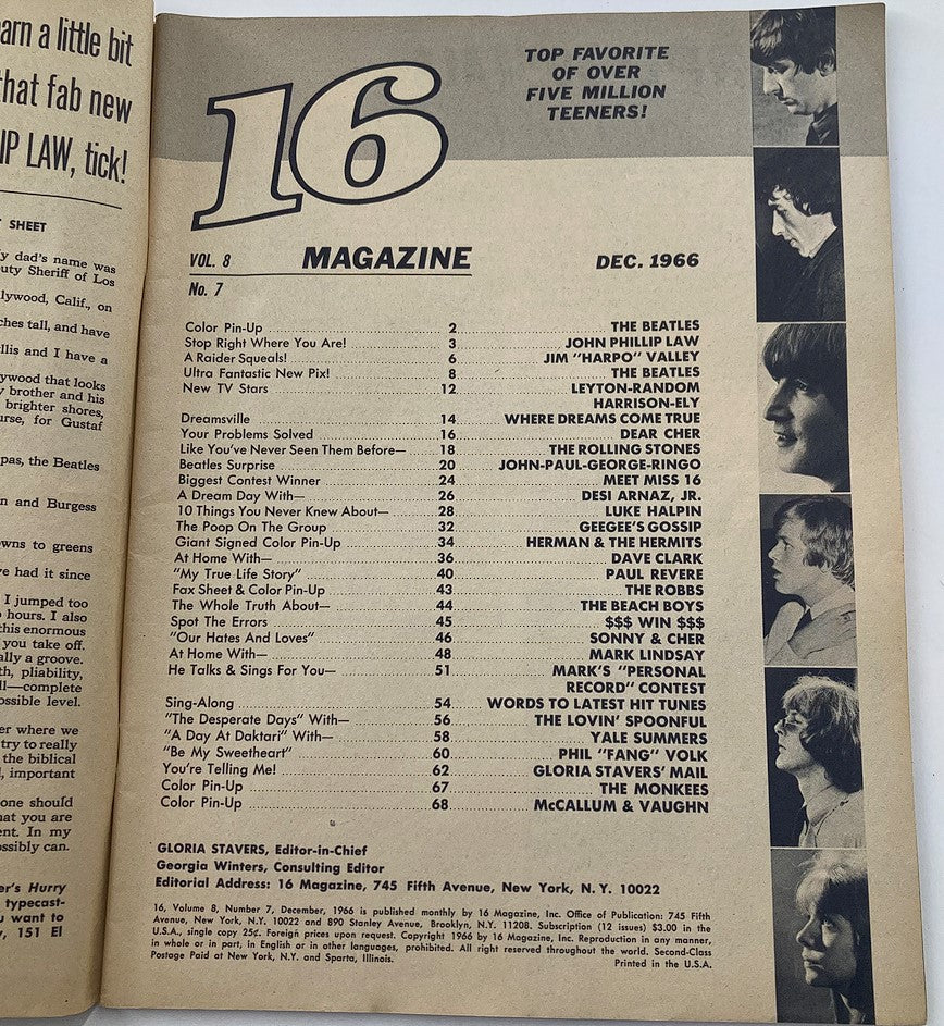 Inside page of VTG 16 Magazine December 1966 Vol 8 #7 showcasing the table of contents with articles related to The Beatles and The Rolling Stones.