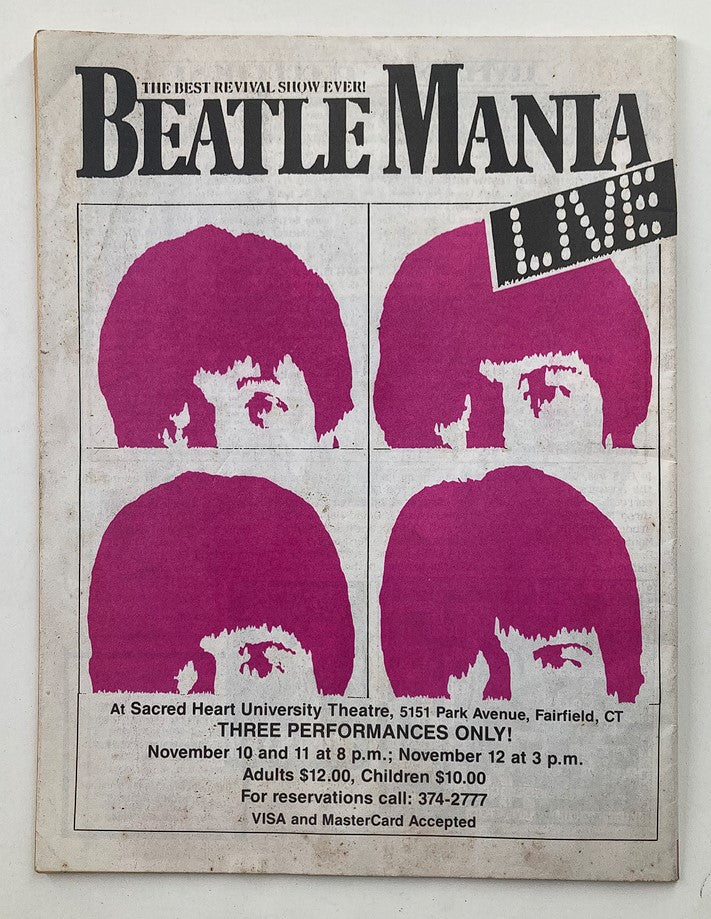 Back cover of Vintage The Beatles Magazine 1989 Issue #52 Good Day Sunshine promoting the Beatle Mania Live show performance.