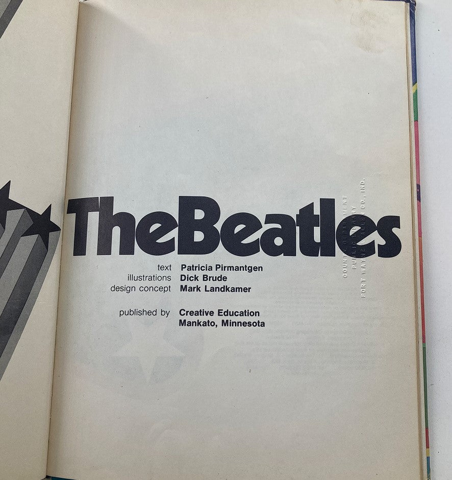 Inside title page of the Vintage 1975 The Beatles Rock 'n Pop Stars biography book with text credits by Patricia Pirmantgen and design concept by Mark Landkamer.