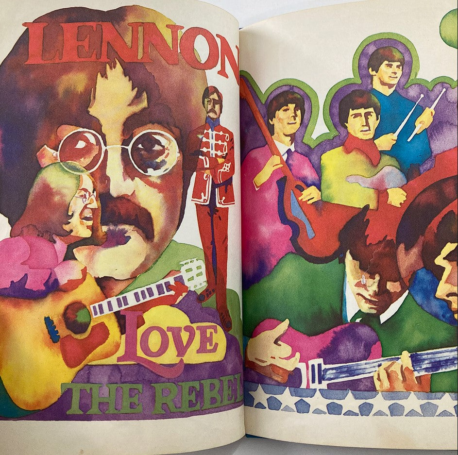 Illustrated page from the Vintage 1975 The Beatles Rock 'n Pop Stars biography book showcasing John Lennon and a vibrant depiction of the band performing.