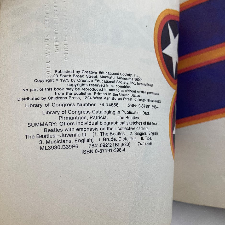 VTG 1975 The Beatles Rock 'n Pop Stars Biography Library Book showing the Library of Congress information page with bibliographic details.