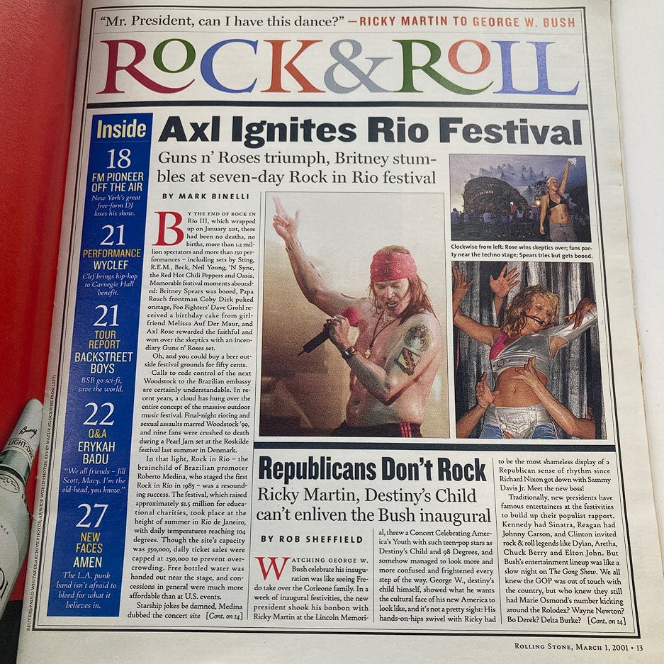 Rolling Stone Magazine March 1 2001 showcasing Axl Rose performing at the Rock in Rio festival, with a focus on the triumph of Guns N' Roses and coverage of pop sensation Ricky Martin.