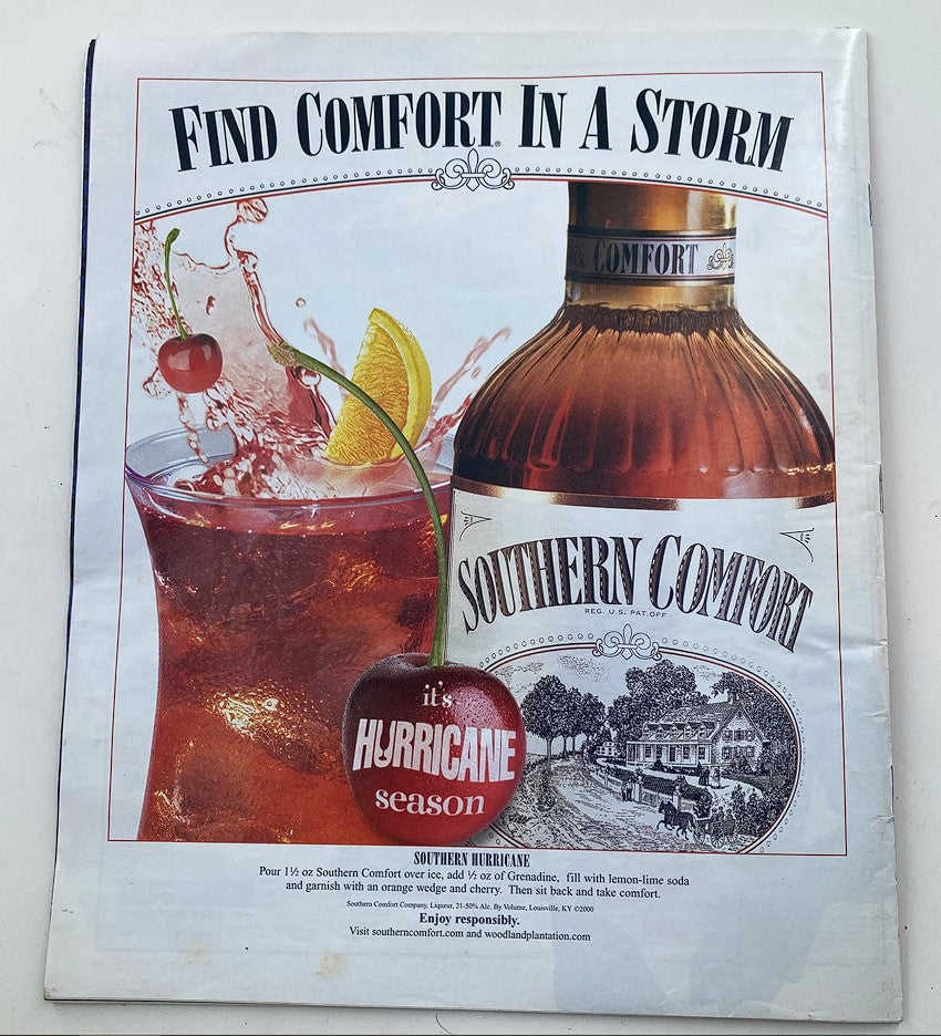 Rolling Stone Magazine March 1 2001 advertisement for Southern Comfort, featuring a cocktail with lemonade and a cherry, promoting the brand during hurricane season.