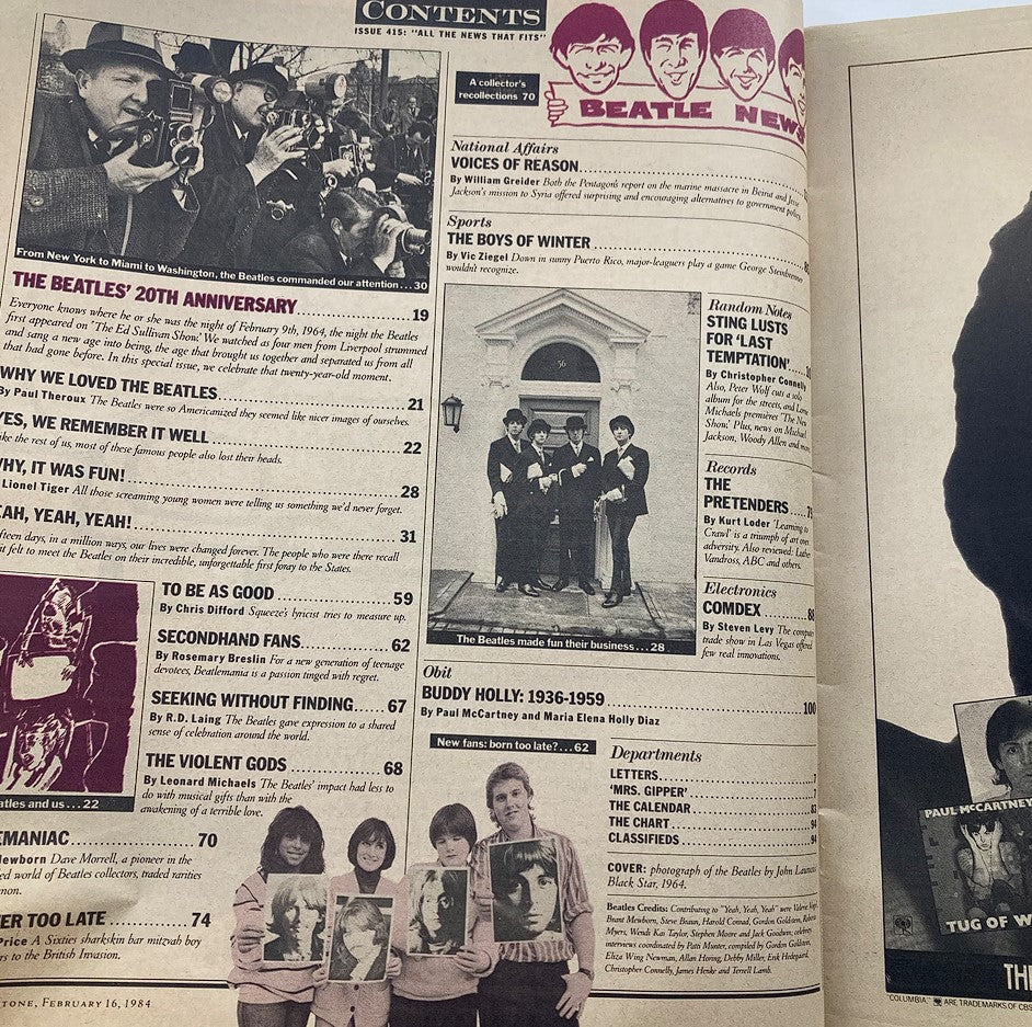 Rolling Stone Magazine February 16, 1984, contents page showcasing articles about The Beatles' 20th Anniversary, including various topics and features related to the band.