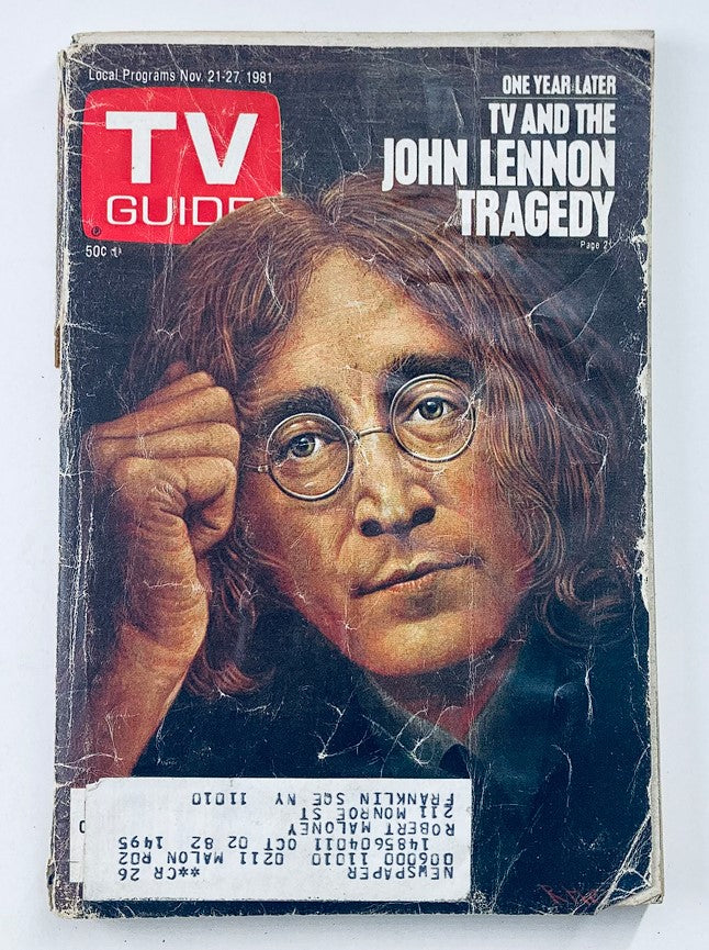 Cover of TV Guide Magazine dated November 21, 1981, featuring a portrait of John Lennon with the headline 'TV and the John Lennon Tragedy.'