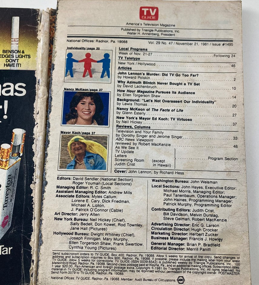 Back cover of TV Guide Magazine, November 21, 1981, issue #1495, showcasing the magazine's articles and content details.