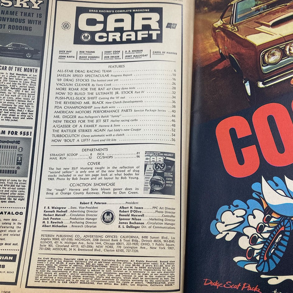 Interior page of the October 1968 edition of VTG Car Craft Magazine, displaying features and content layout including articles on drag racing and muscle cars.
