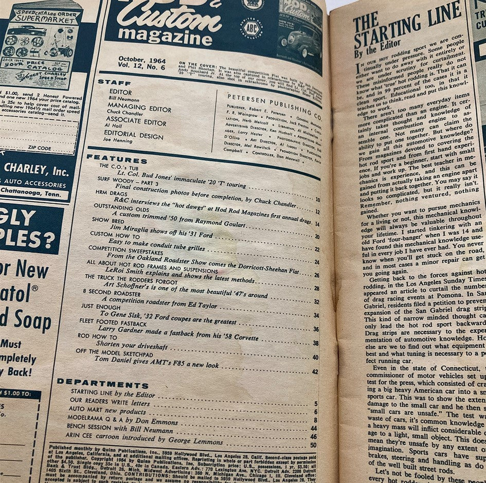 Interior of VTG Rod & Custom Magazine, October 1964, Vol 12 #6 displaying the table of contents and editorial details.