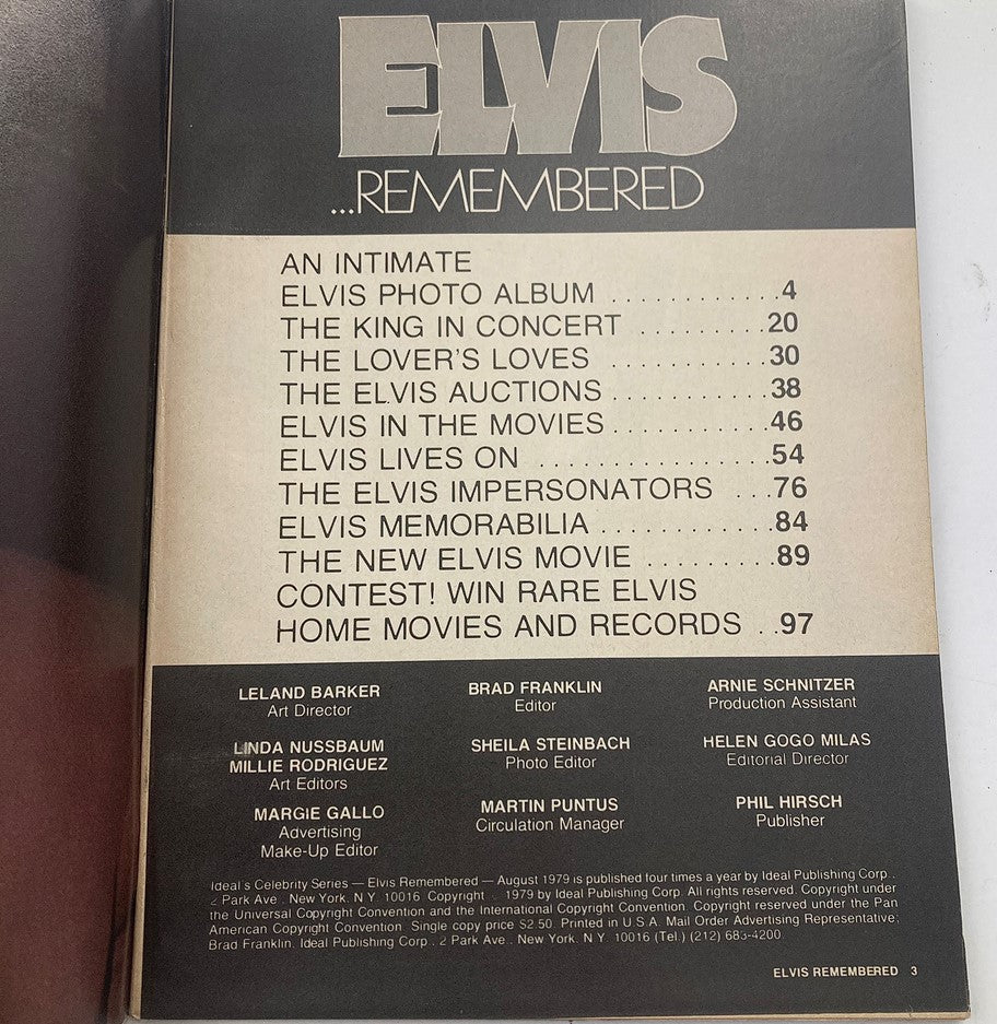 Inside page of VTG Ideal's Celebrity Series August 1979 Elvis Presley Remembered magazine, showcasing the table of contents listing articles about Elvis's photo album, concerts, and memorabilia.