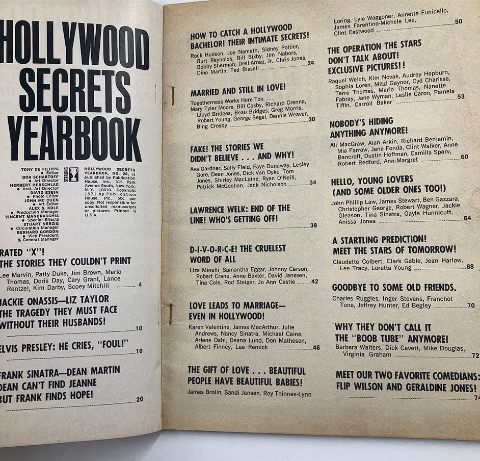 Inside page of VTG Hollywood Secrets Yearbook No. 20 showcasing articles and features from 1971, including stories about Hollywood scandals and celebrity relationships.