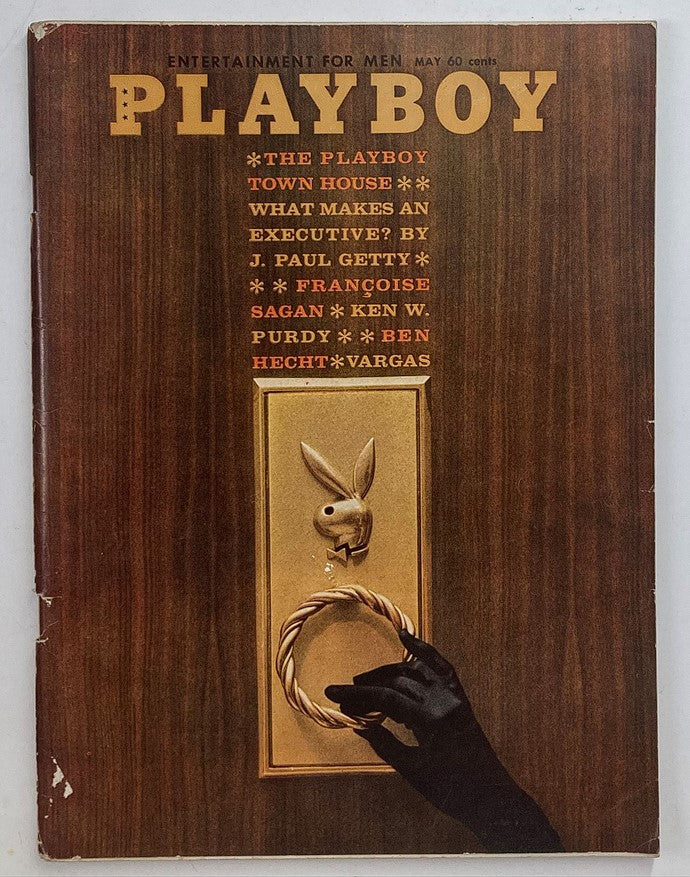 Cover of Playboy Magazine May 1962 featuring the iconic Playboy bunny door knocker design, showcasing the title and notable articles within the issue.