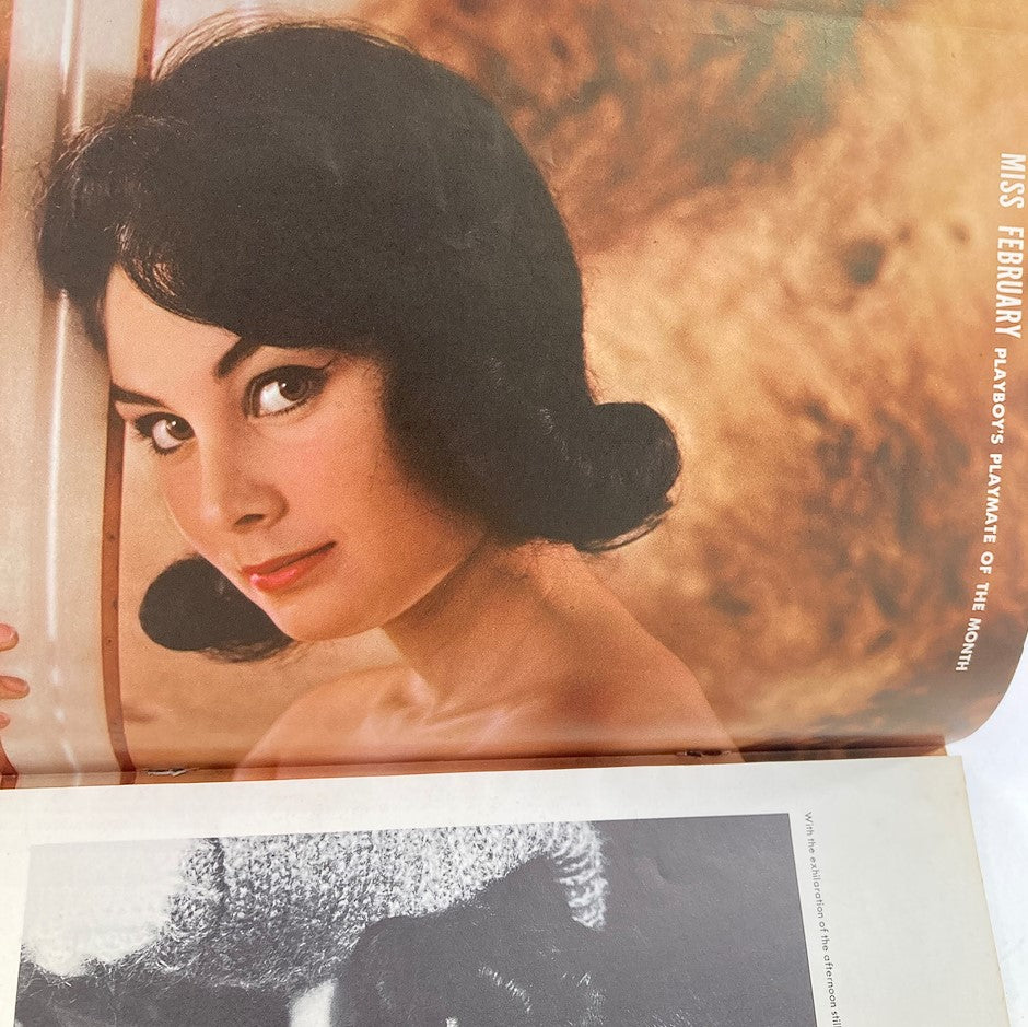 Centerfold featuring Barbara Lawford, Playmate of the Month, from Playboy Magazine February 1961, showcasing classic beauty and style of the era.