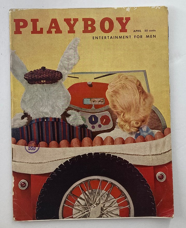 VTG Playboy Magazine April 1957 cover featuring a playful design with a stuffed bunny and a toy car, representing the vintage charm of the era.