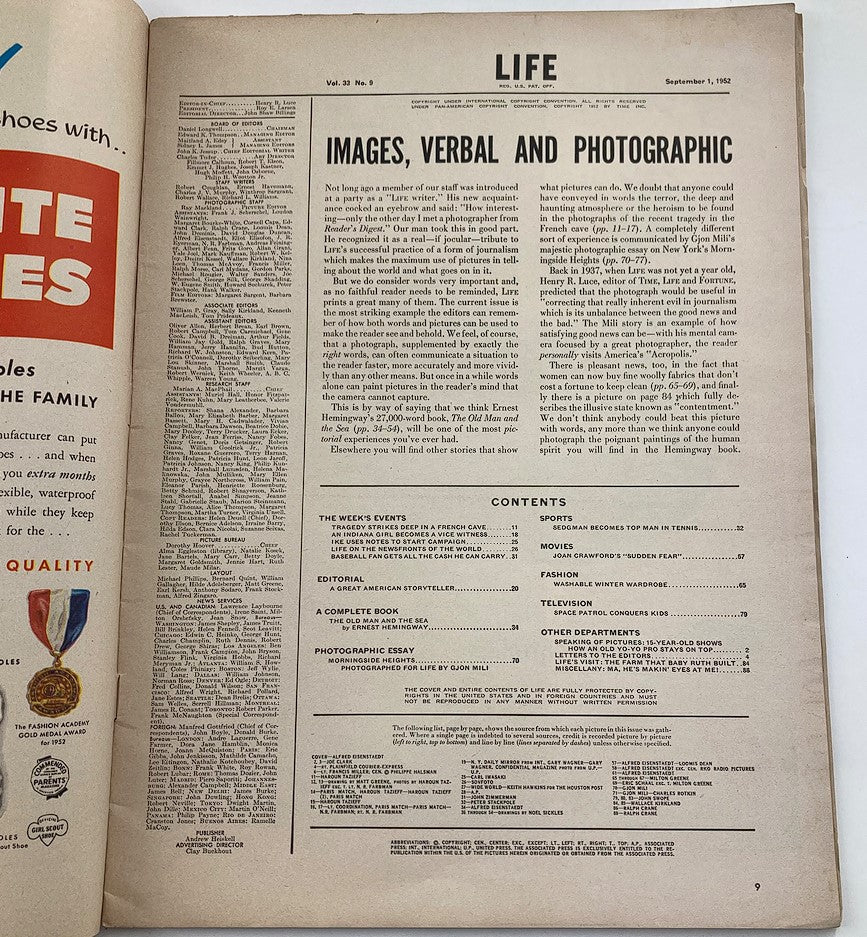 VTG Life Magazine September 1 1952 Cover featuring Ernest Hemingway, showcasing a classic literary publication with historical significance.