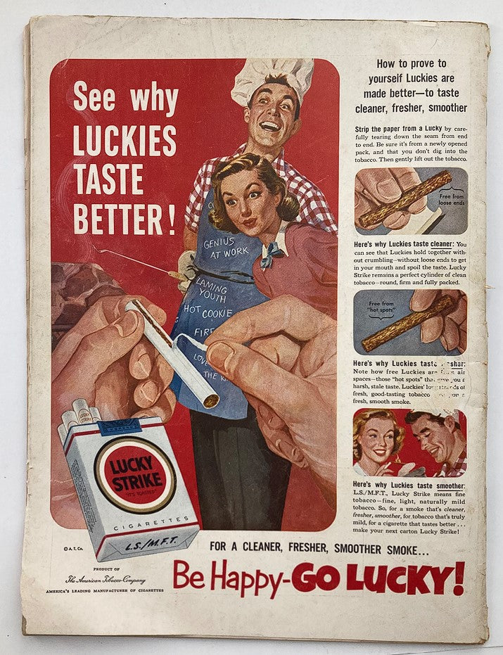Vintage advertisement for Lucky Strike cigarettes on the back of the VTG Life Magazine September 1 1952, promoting the brand with a colorful illustration and catchy slogan.