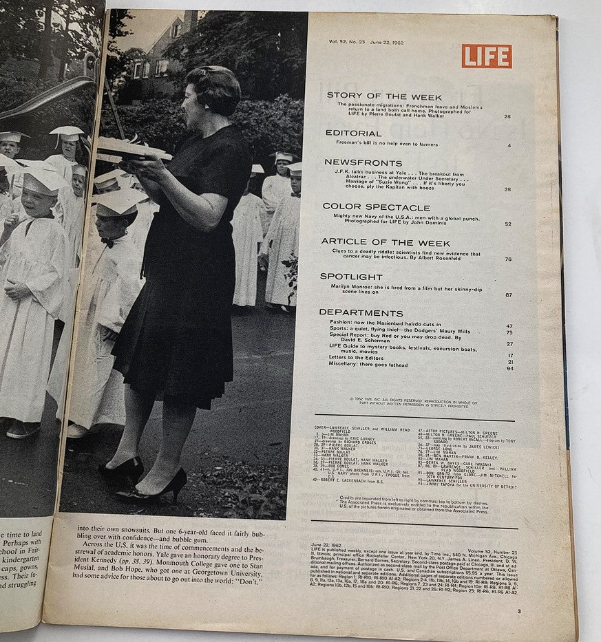Interior page of VTG Life Magazine June 22, 1962, Vol 52 #25 displaying the magazine's table of contents, showcasing stories including a spotlight on Marilyn Monroe.
