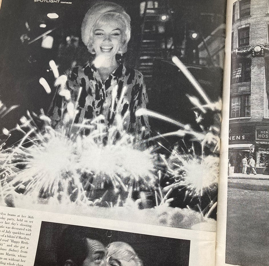 Another interior page of VTG Life Magazine June 22, 1962, Vol 52 #25 featuring a joyful Marilyn Monroe surrounded by fireworks, illustrating her vibrant personality.
