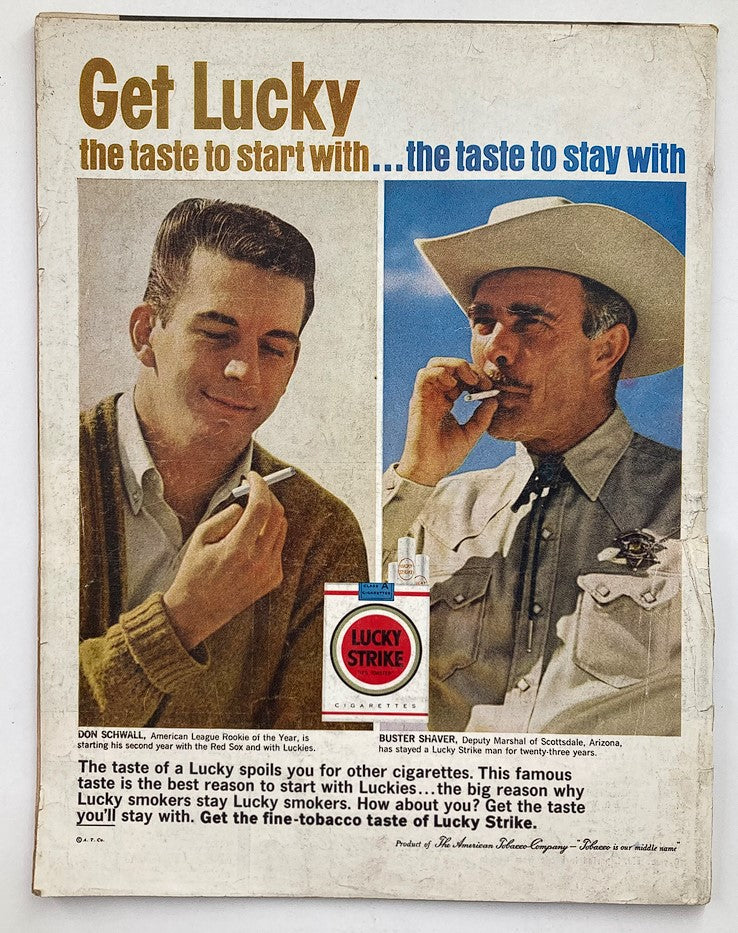 Advertisement for Lucky Strike cigarettes found in the VTG Life Magazine June 22, 1962, featuring two men promoting the brand with vibrant visuals.