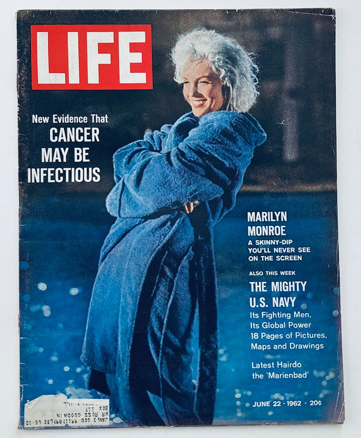 Cover of VTG Life Magazine June 22, 1962 featuring Marilyn Monroe, highlighting her iconic moment of a skinny dip on screen.