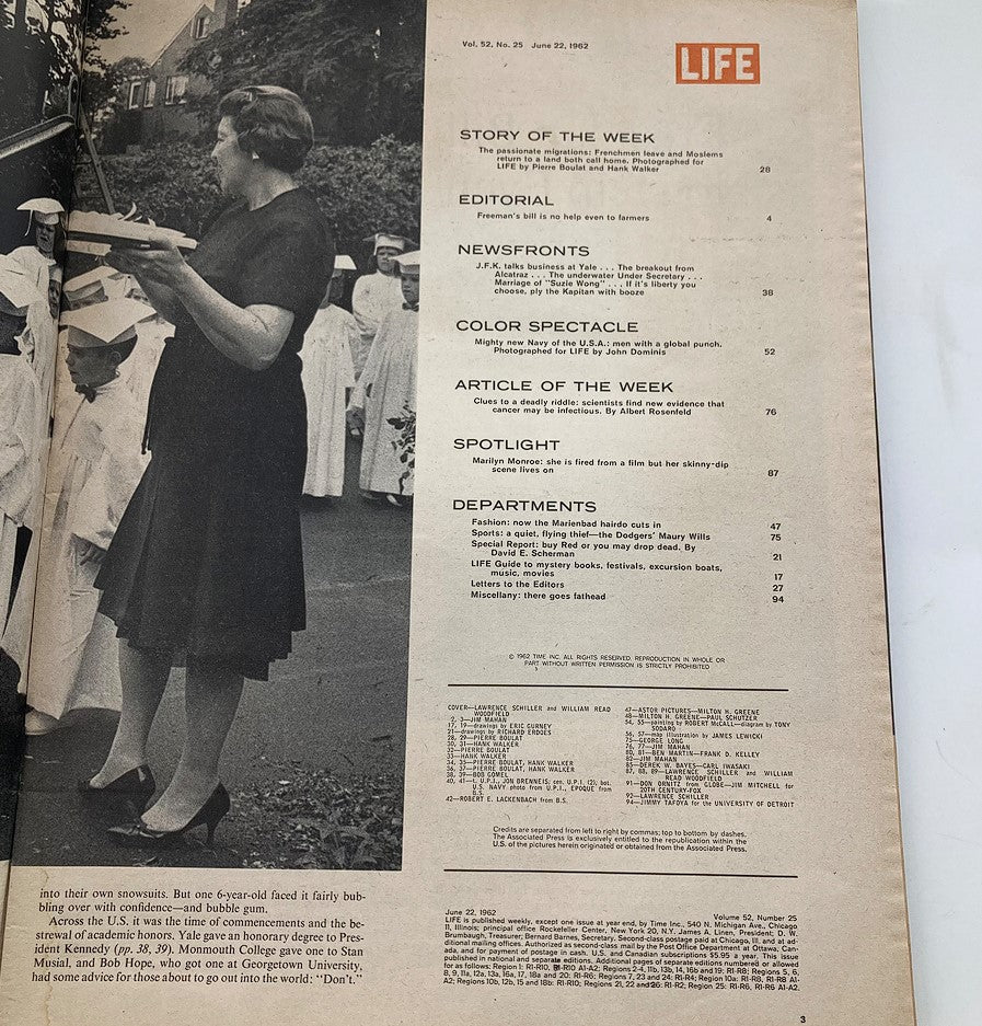 Contents page of VTG Life Magazine June 22, 1962, listing features including an article on Marilyn Monroe and various sections of the magazine.