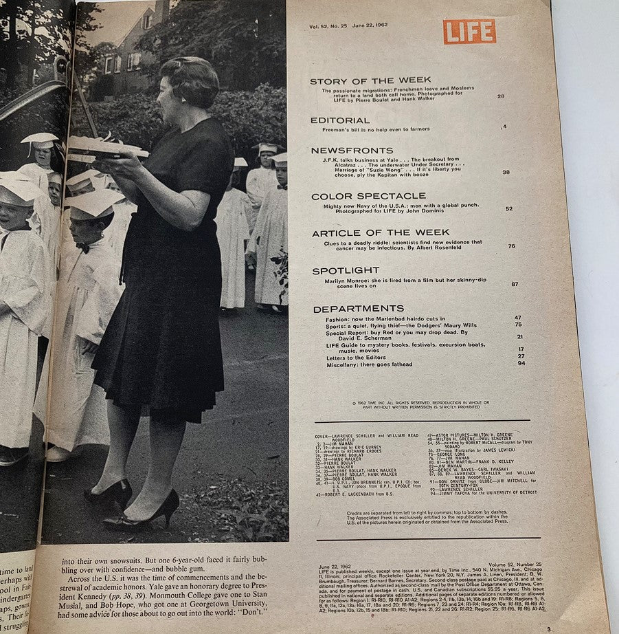 Inside page of VTG Life Magazine June 22 1962 Vol 52 #25 showing contents with articles including a spotlight on Marilyn Monroe and coverage on cancer research.