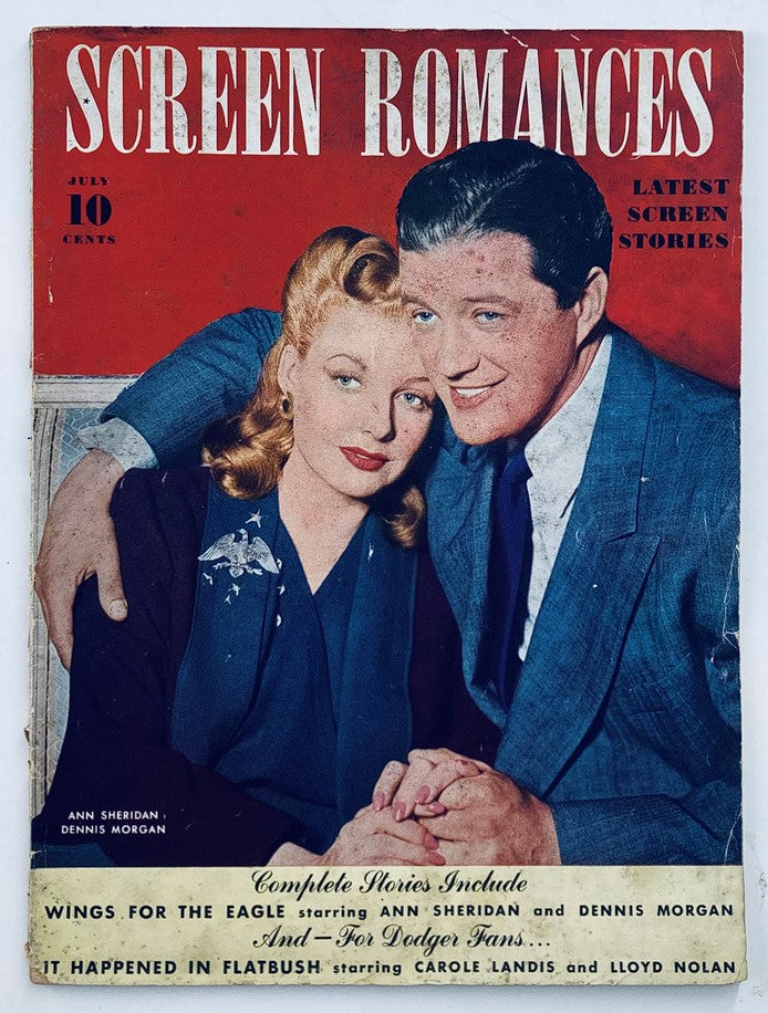 Vintage Screen Romances Magazine, July 1942, featuring cover photo of Anne Sheridan and Dennis Morgan, showcasing classic Hollywood glamour and nostalgia.