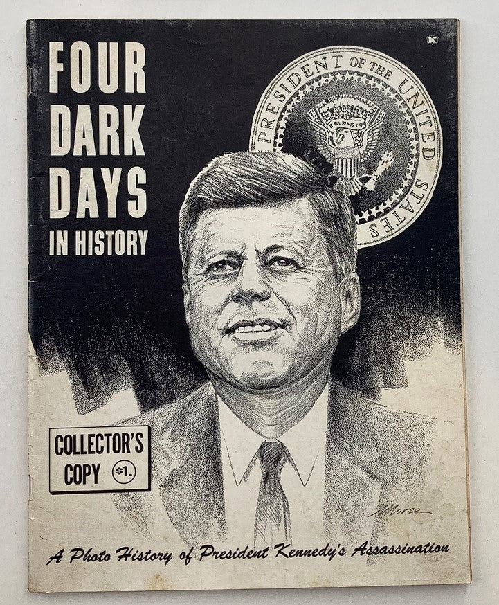 Cover of the vintage 1963 publication titled 'Four Dark Days in History: John F. Kennedy - The First Salute,' featuring a portrait of John F. Kennedy, highlighting his role during a pivotal moment in American history.