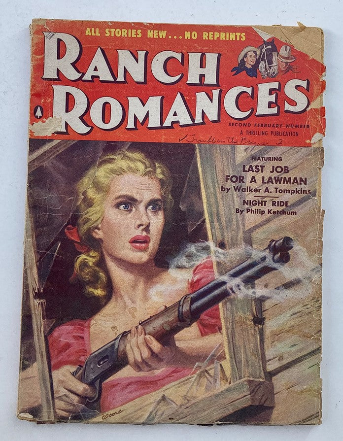 Cover of VTG Ranch Romances Magazine February 8 1957 featuring the story 'Last Job For A Lawman'. The magazine displays a dramatic illustration of a woman holding a rifle, reflecting the themes of Western adventure and romance.
