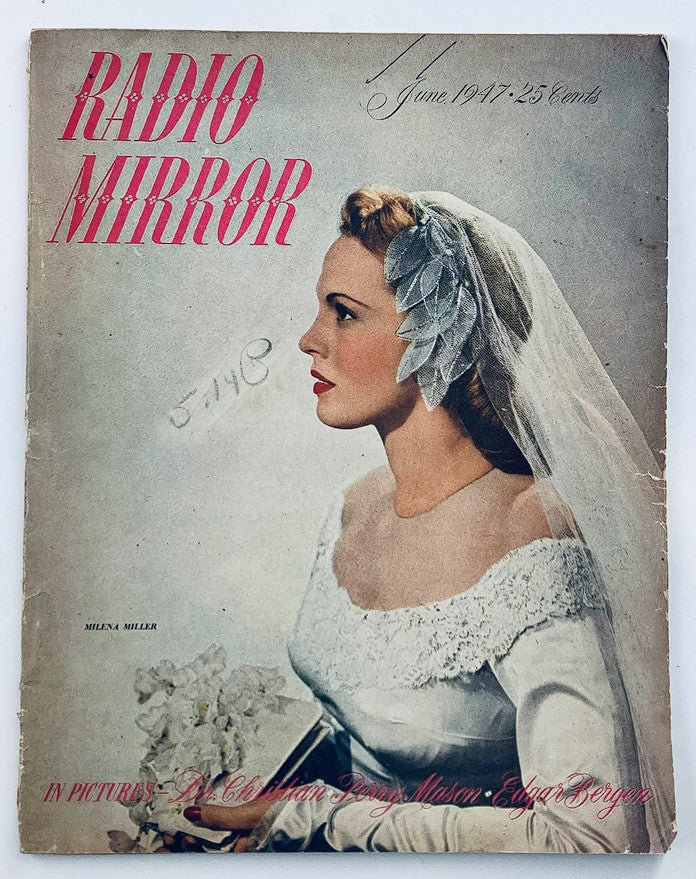 Cover of VTG Radio Mirror Magazine June 1947 featuring actress Milena Miller wearing a vintage bridal dress and veil.