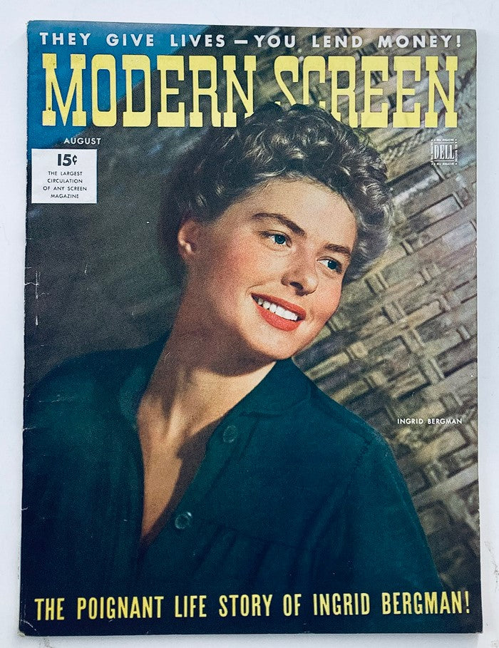Cover of VTG Modern Screen Magazine August 1943 Vol 26 #3 featuring actor Ingrid Bergman smiling, showcasing vintage Hollywood glamour.