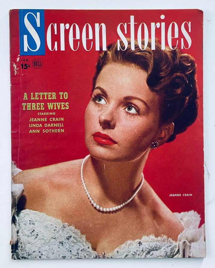 VTG Screen Stories Magazine February 1949 cover featuring Jeanne Crain, with the title and article 'A Letter to Three Wives', showcasing classic Hollywood glamour.