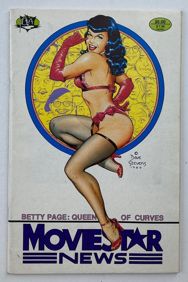 Cover of 1990 Movie Star News Vol. 1 featuring Betty Page, The Queen of Curves, illustrated by Dave Stevens, showcasing a pin-up style image of a woman in lingerie and stockings.
