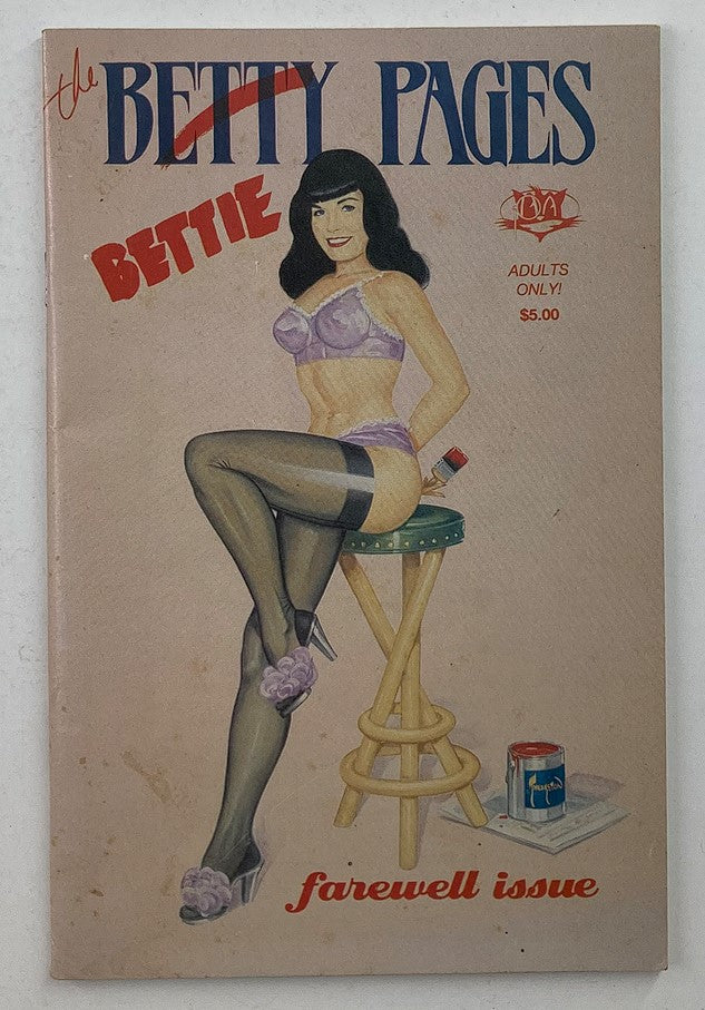 Cover of the 1993 The Betty Pages No. 9 Adult Book Farewell Issue featuring an illustrated woman in lingerie sitting on a stool.