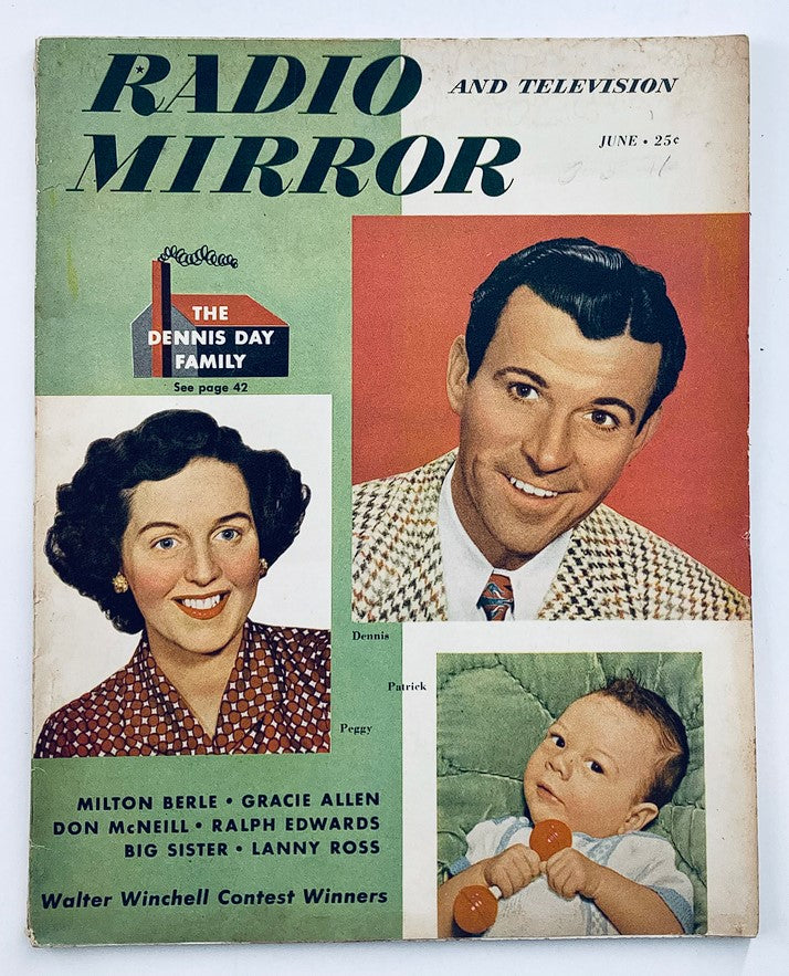 VTG Radio & TV Mirror Magazine from June 1949 featuring The Dennis Day Family with portraits of Dennis, Peggy, and a baby, capturing the essence of vintage entertainment.