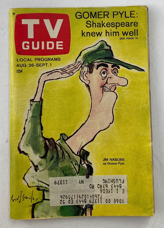Cover of VTG TV Guide Magazine August 26 1967 Vol 15 #34 featuring Jim Nabors as Gomer Pyle, showcasing vintage graphics and whimsical illustration.