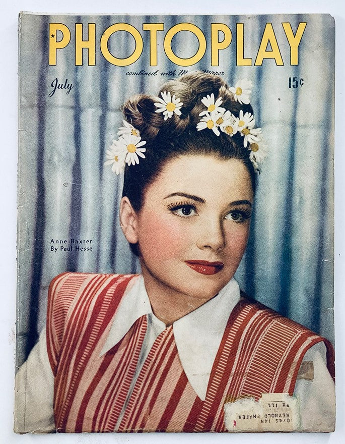 VTG Photoplay Magazine July 1945 featuring Anne Baxter on the cover with flowers in her hair, showcasing the glamour of Hollywood in the 1940s.
