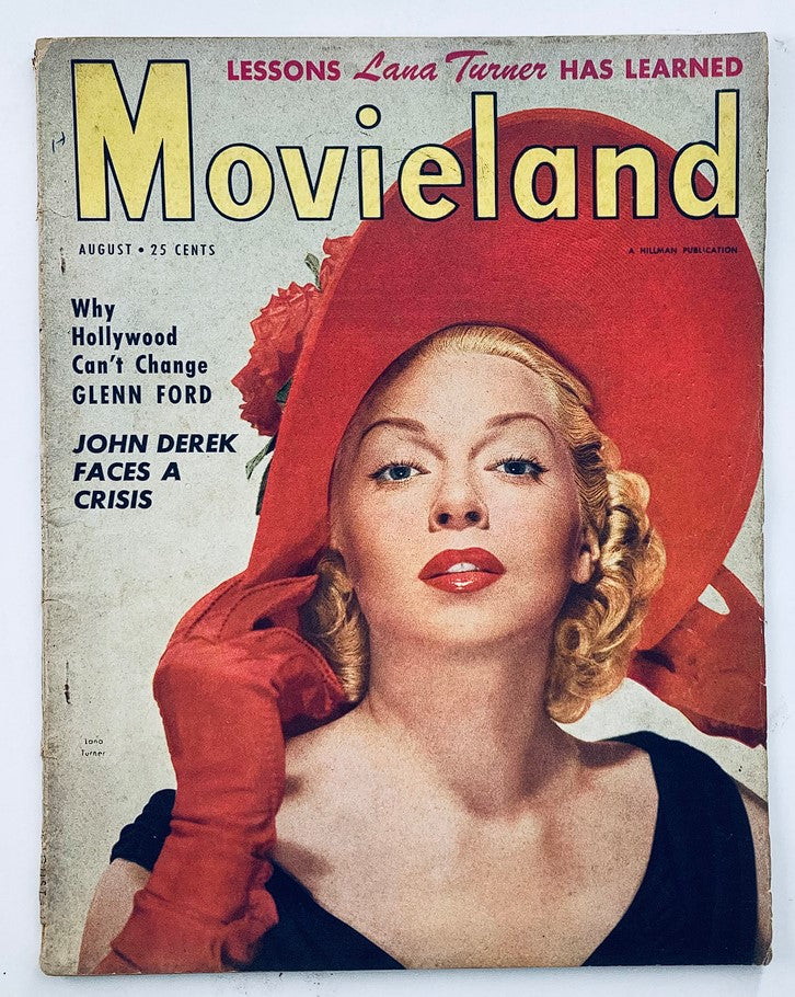 Cover of VTG Movieland Magazine August 1951 featuring a glamorous portrait of a woman with blonde curls wearing a bold red hat and red gloves. The magazine highlights iconic Hollywood stars and significant film industry stories.
