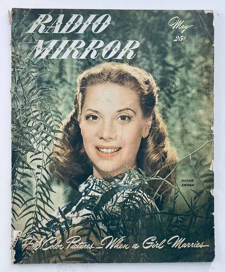 VTG Radio Mirror Magazine May 1947 featuring a color portrait of Dinah Shore on the cover, showcasing vintage magazine design and aesthetics.