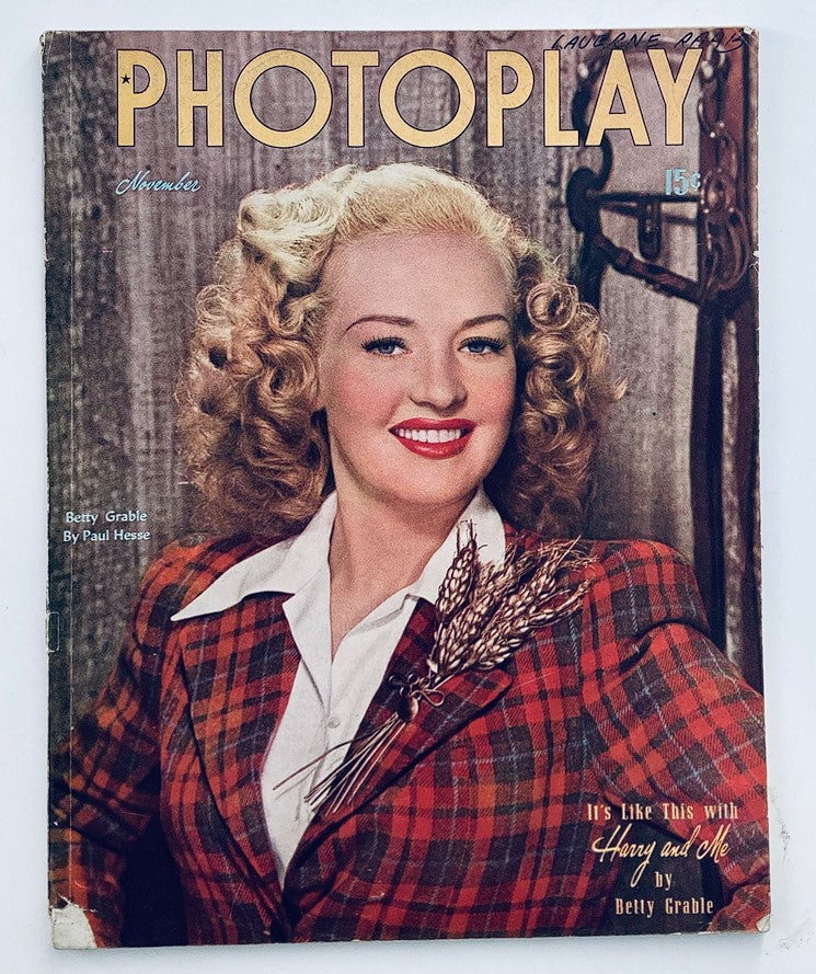 VTG Photoplay Magazine November 1946 featuring Betty Grable on the cover, showcasing vintage Hollywood glamour with a stylish plaid outfit.